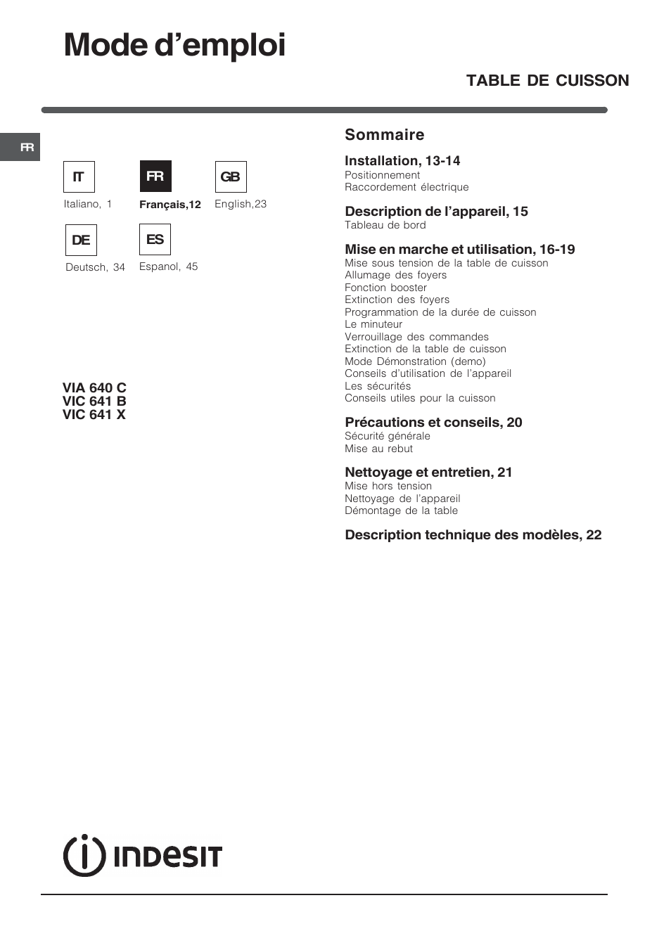 Mode demploi, Sommaire, Table de cuisson | Indesit VIA640C – for models from 10 Dec 2009 User Manual | Page 12 / 56