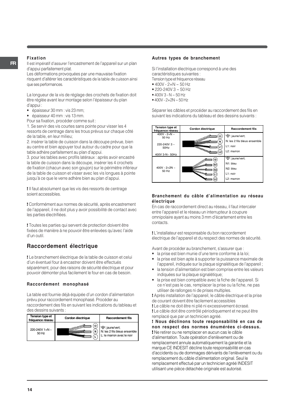 Raccordement électrique | Indesit VIA640C – for models from 10 Dec 2009 User Manual | Page 14 / 56
