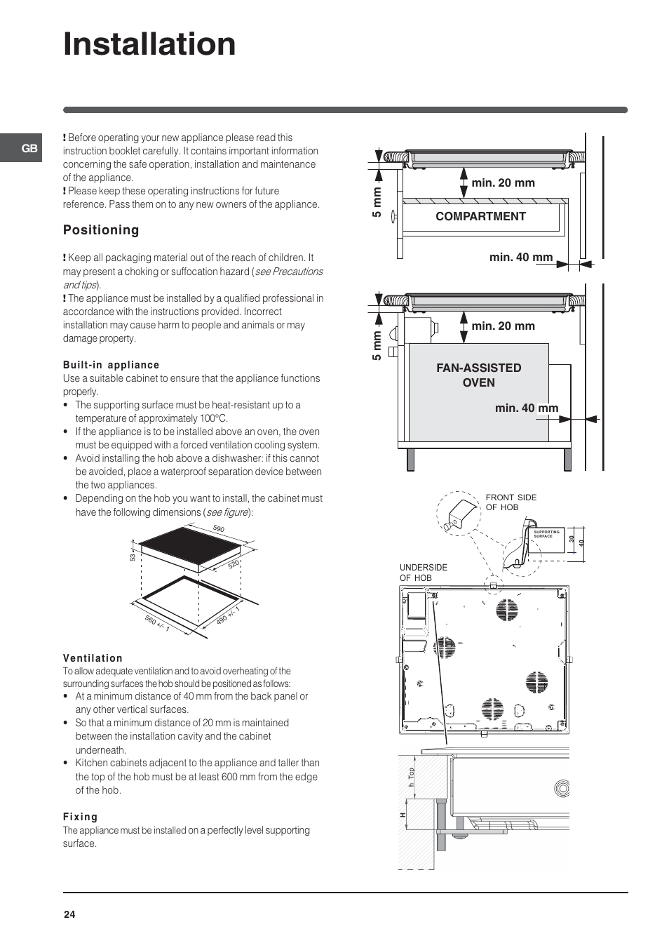 Installation, Positioning | Indesit VIA640C – for models from 10 Dec 2009 User Manual | Page 24 / 56
