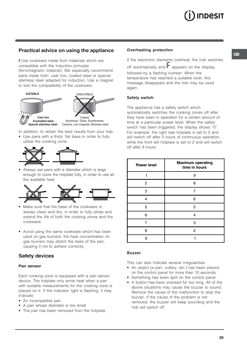 Practical advice on using the appliance, Safety devices | Indesit VIA640C – for models from 10 Dec 2009 User Manual | Page 29 / 56