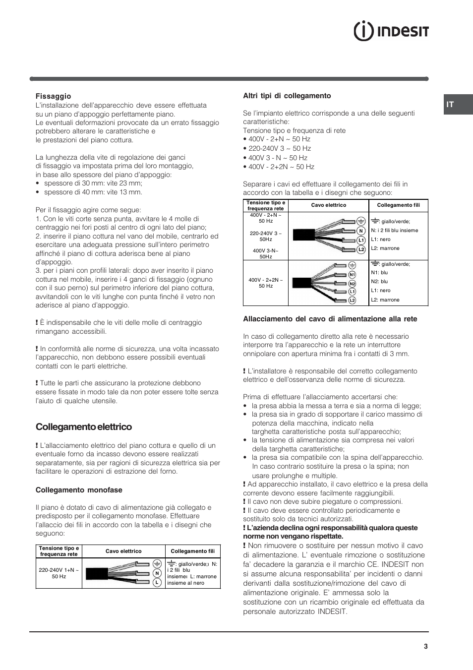 Collegamento elettrico | Indesit VIA640C – for models from 10 Dec 2009 User Manual | Page 3 / 56