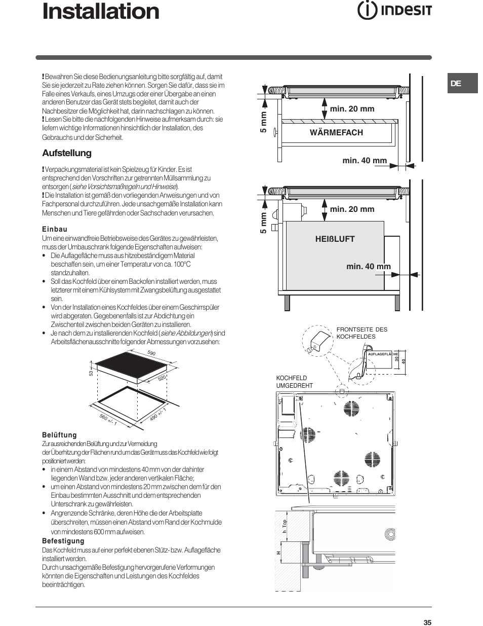 Installation, Aufstellung | Indesit VIA640C – for models from 10 Dec 2009 User Manual | Page 35 / 56