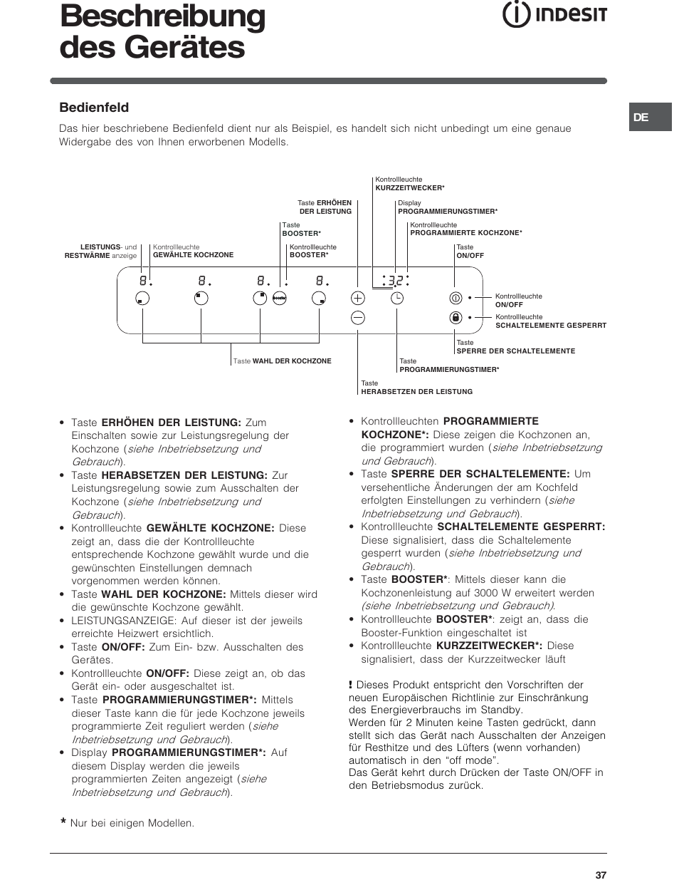 Beschreibung des gerätes, Bedienfeld | Indesit VIA640C – for models from 10 Dec 2009 User Manual | Page 37 / 56