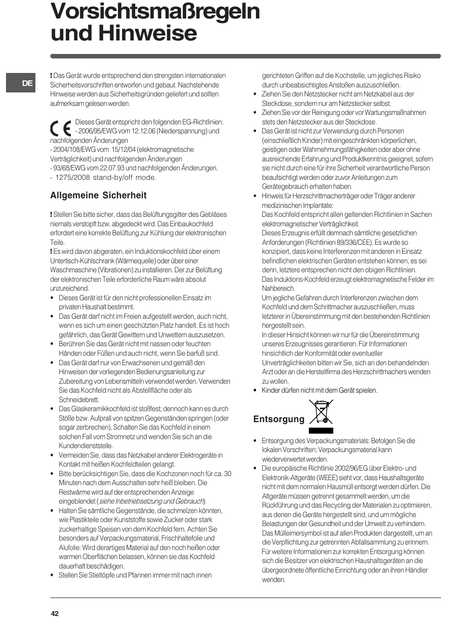 Vorsichtsmaßregeln und hinweise | Indesit VIA640C – for models from 10 Dec 2009 User Manual | Page 42 / 56