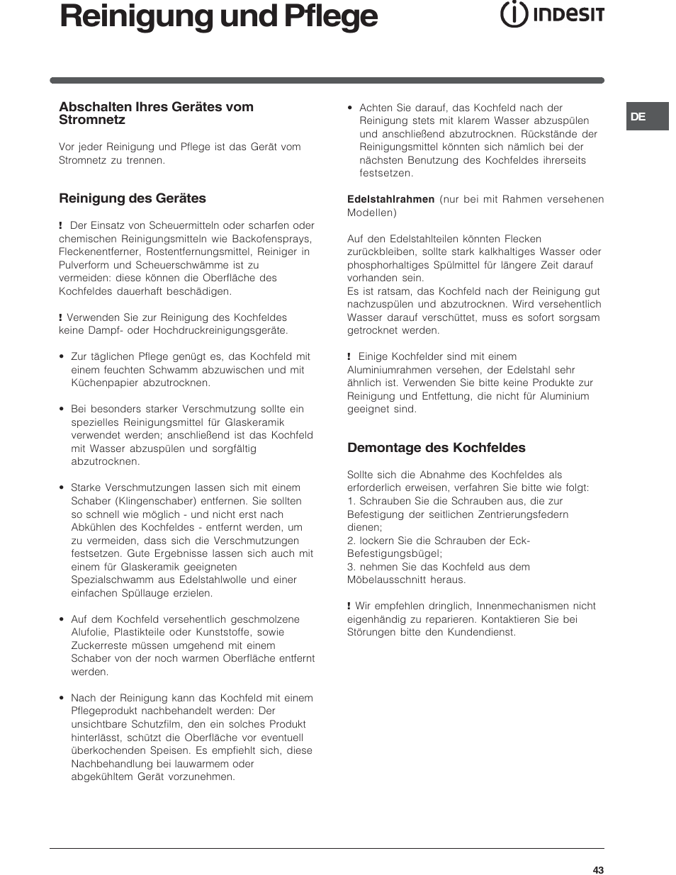 Reinigung und pflege, Abschalten ihres gerätes vom stromnetz, Reinigung des gerätes | Demontage des kochfeldes | Indesit VIA640C – for models from 10 Dec 2009 User Manual | Page 43 / 56