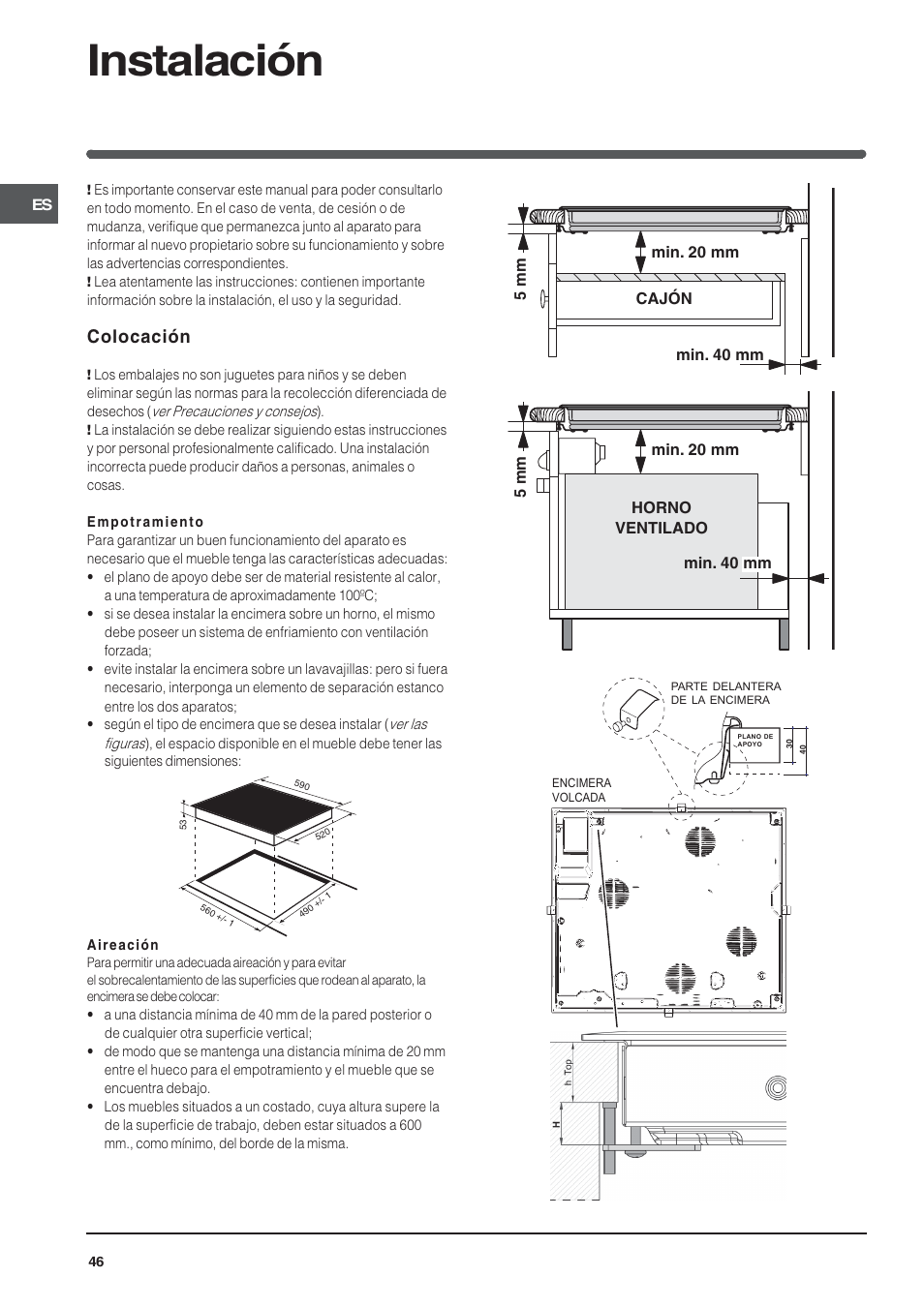 Instalación, Colocación | Indesit VIA640C – for models from 10 Dec 2009 User Manual | Page 46 / 56