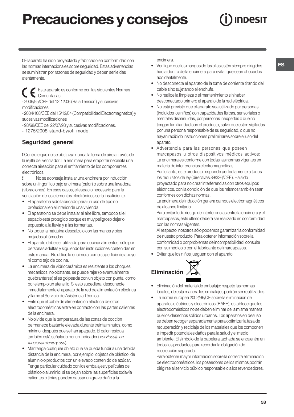 Precauciones y consejos, Seguridad general, Eliminación | Indesit VIA640C – for models from 10 Dec 2009 User Manual | Page 53 / 56