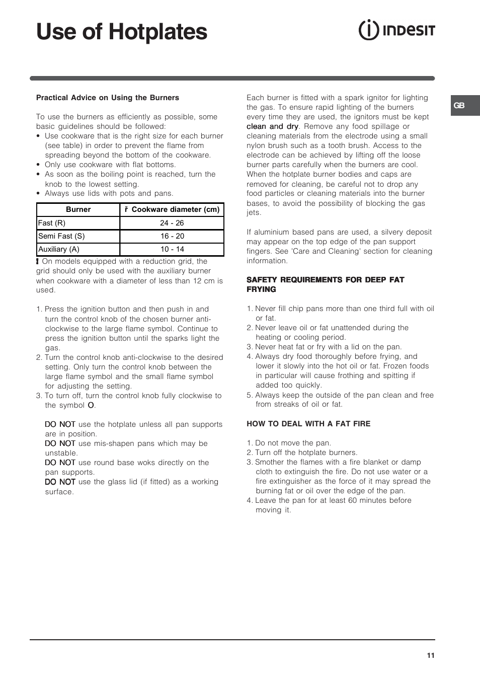 Use of hotplates | Indesit IT50LW User Manual | Page 11 / 24