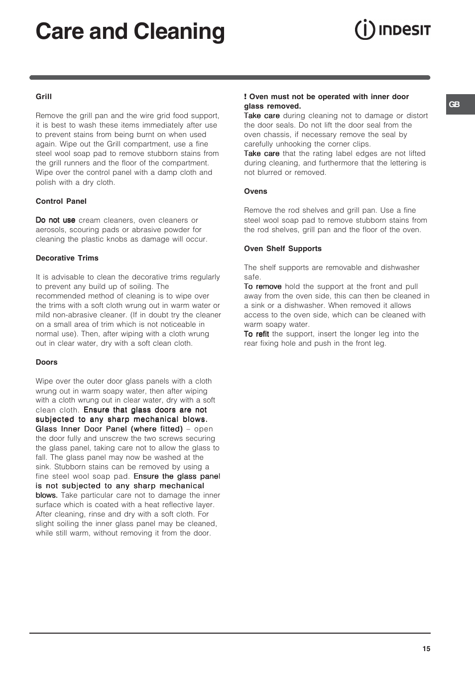 Care and cleaning | Indesit IT50LW User Manual | Page 15 / 24