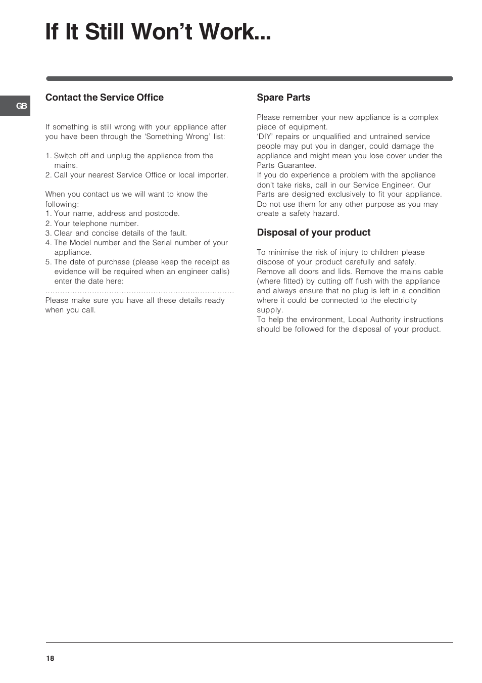 If it still won’t work | Indesit IT50LW User Manual | Page 18 / 24