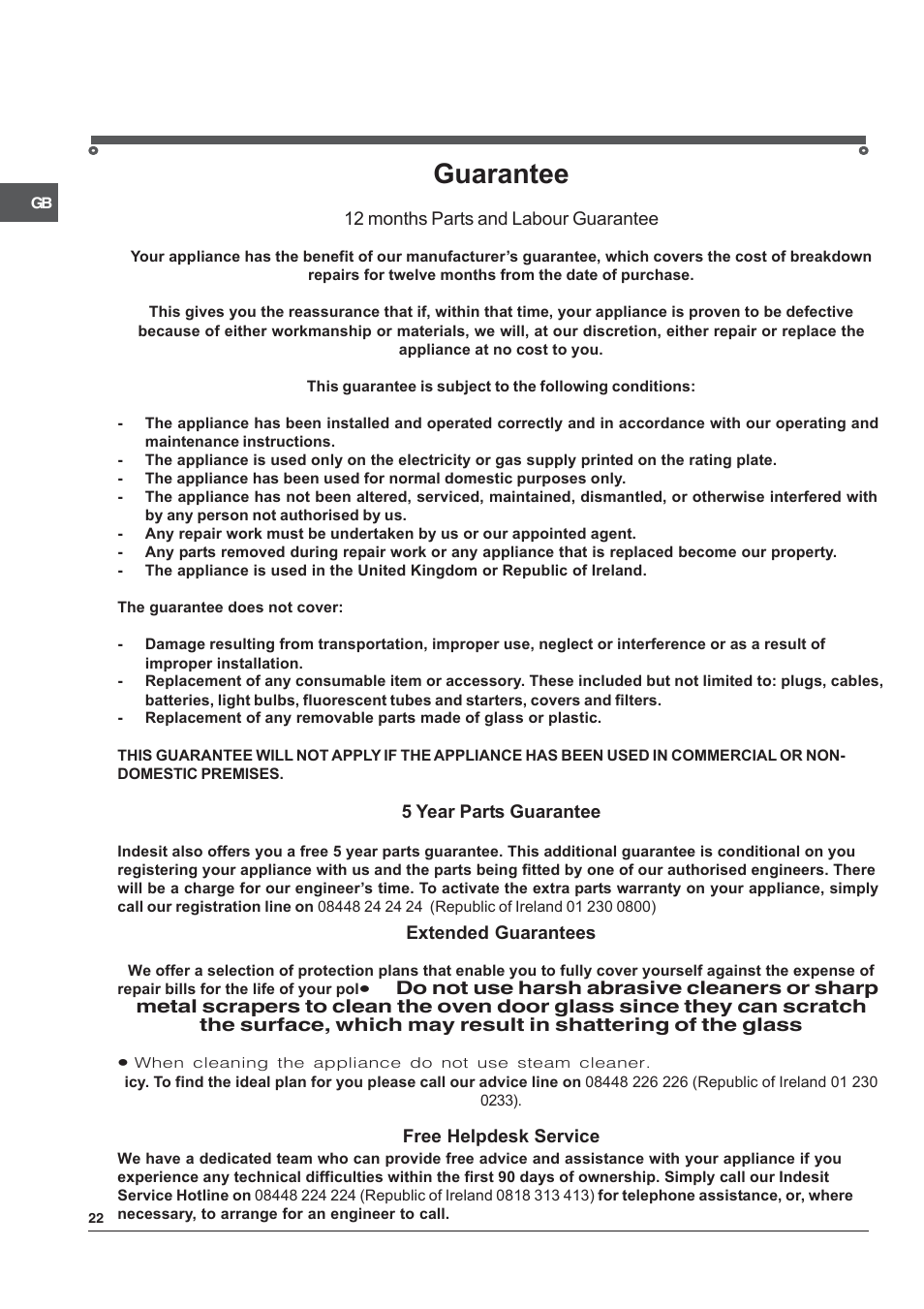 Guarantee | Indesit IT50LW User Manual | Page 22 / 24