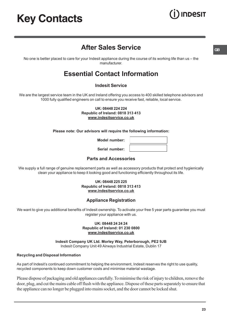 Key contacts, After sales service, Essential contact information | Indesit IT50LW User Manual | Page 23 / 24