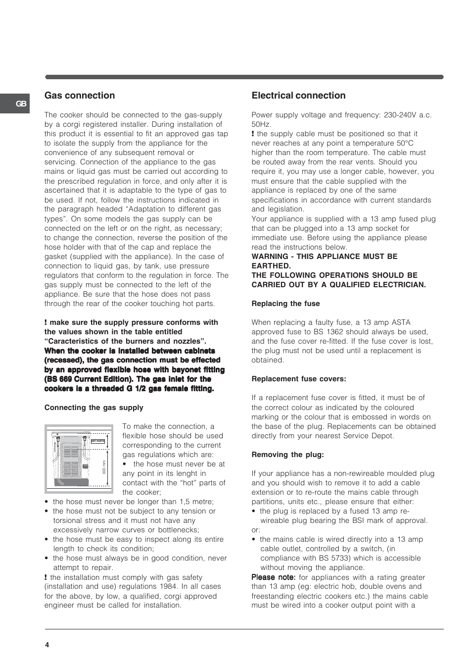 Electrical connection, Gas connection | Indesit IT50LW User Manual | Page 4 / 24