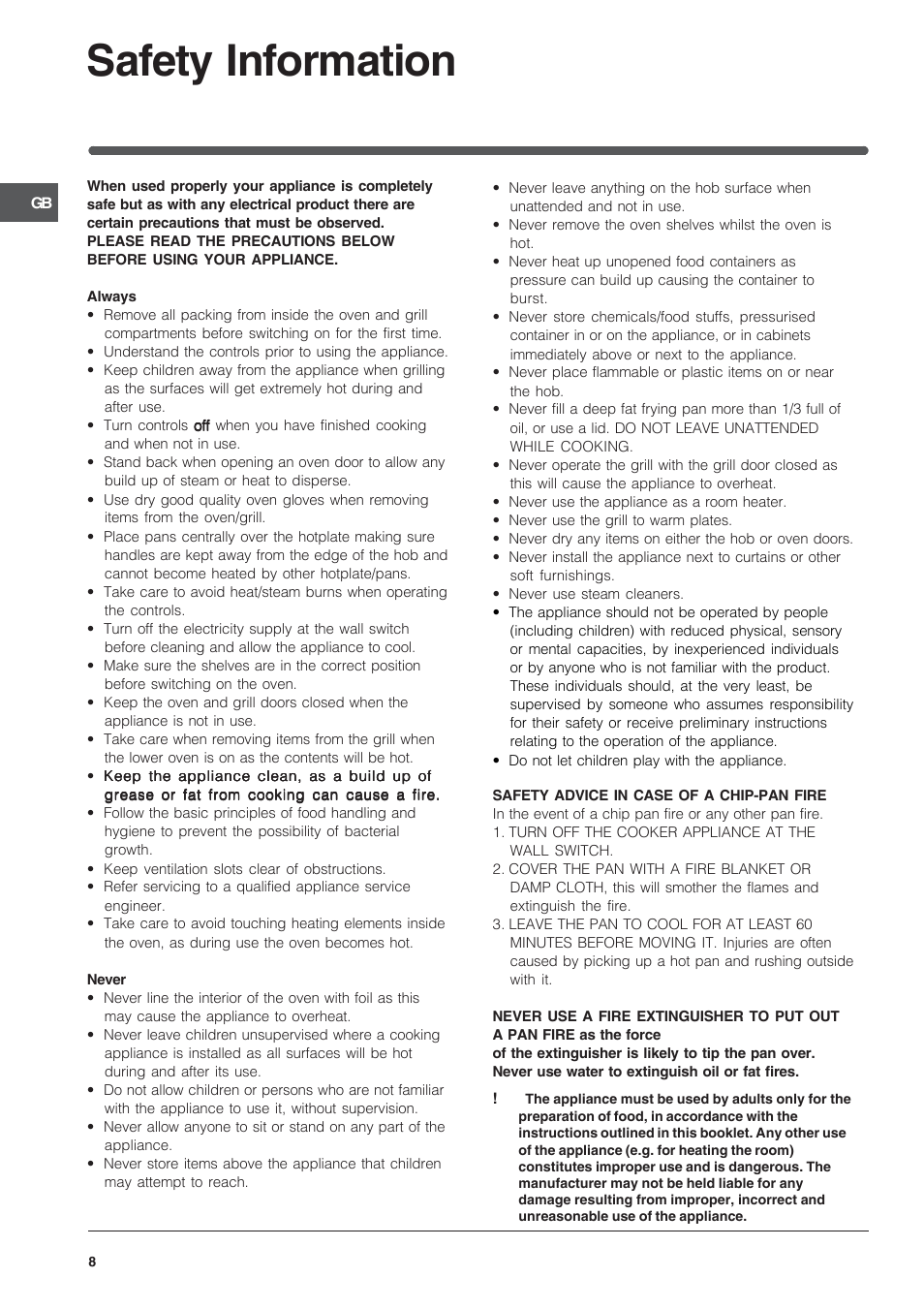 Safety information | Indesit IT50LW User Manual | Page 8 / 24