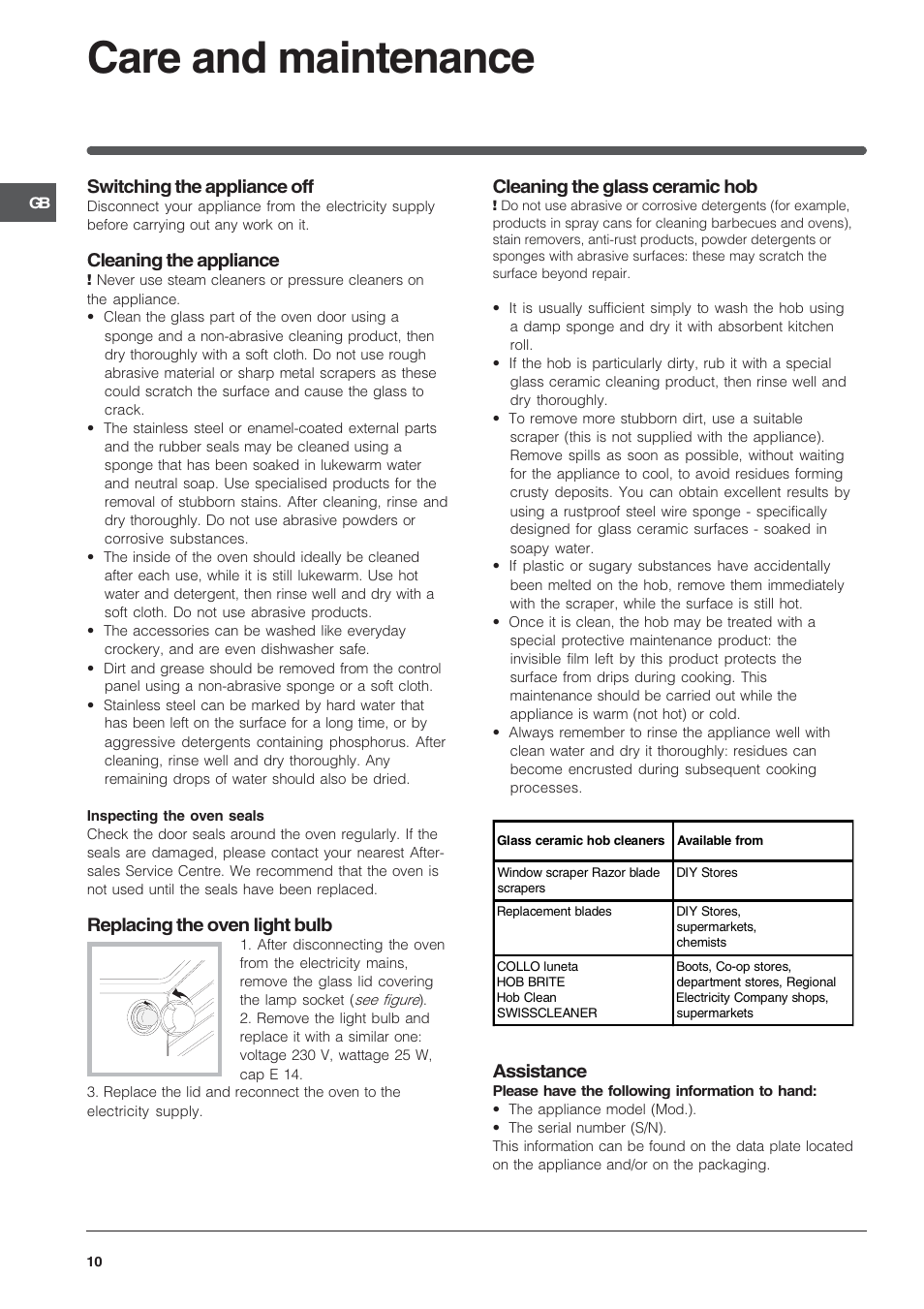 Care and maintenance, Switching the appliance off, Cleaning the appliance | Replacing the oven light bulb, Leaning the glass ceramic hob, Assistance | Indesit K6C320-G for models after Nov 2006 User Manual | Page 10 / 12