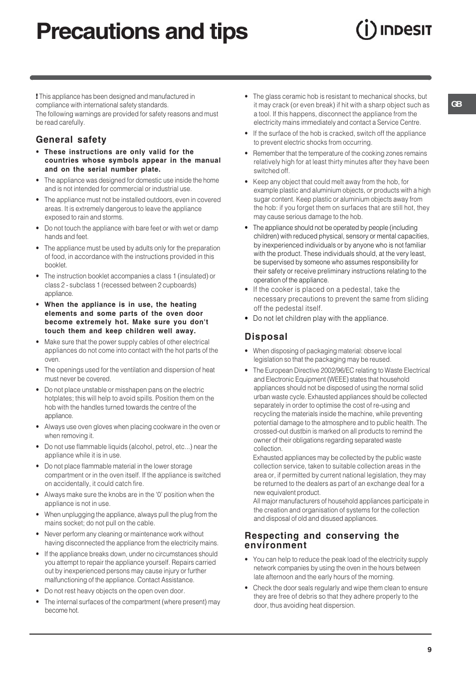 Precautions and tips, General safety, Disposal | Respecting and conserving the environment | Indesit K6C320-G for models after Nov 2006 User Manual | Page 9 / 12