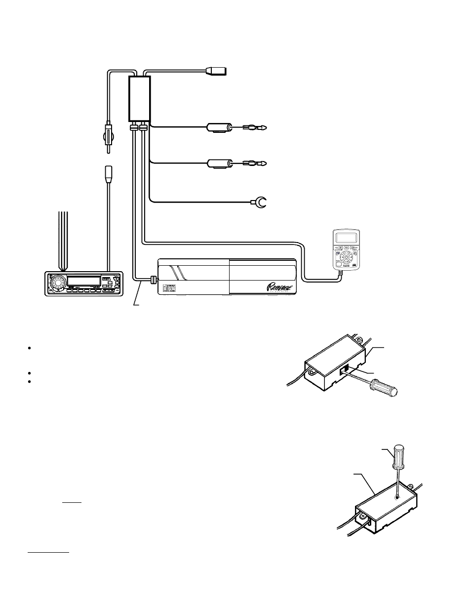 System wiring and adjustment, Adjustment of fm modulator audio level, Adjustment of fm modulator output frequency | Commander connection cord, Cd changer fuse 5a | Audiovox ACC40 User Manual | Page 7 / 8