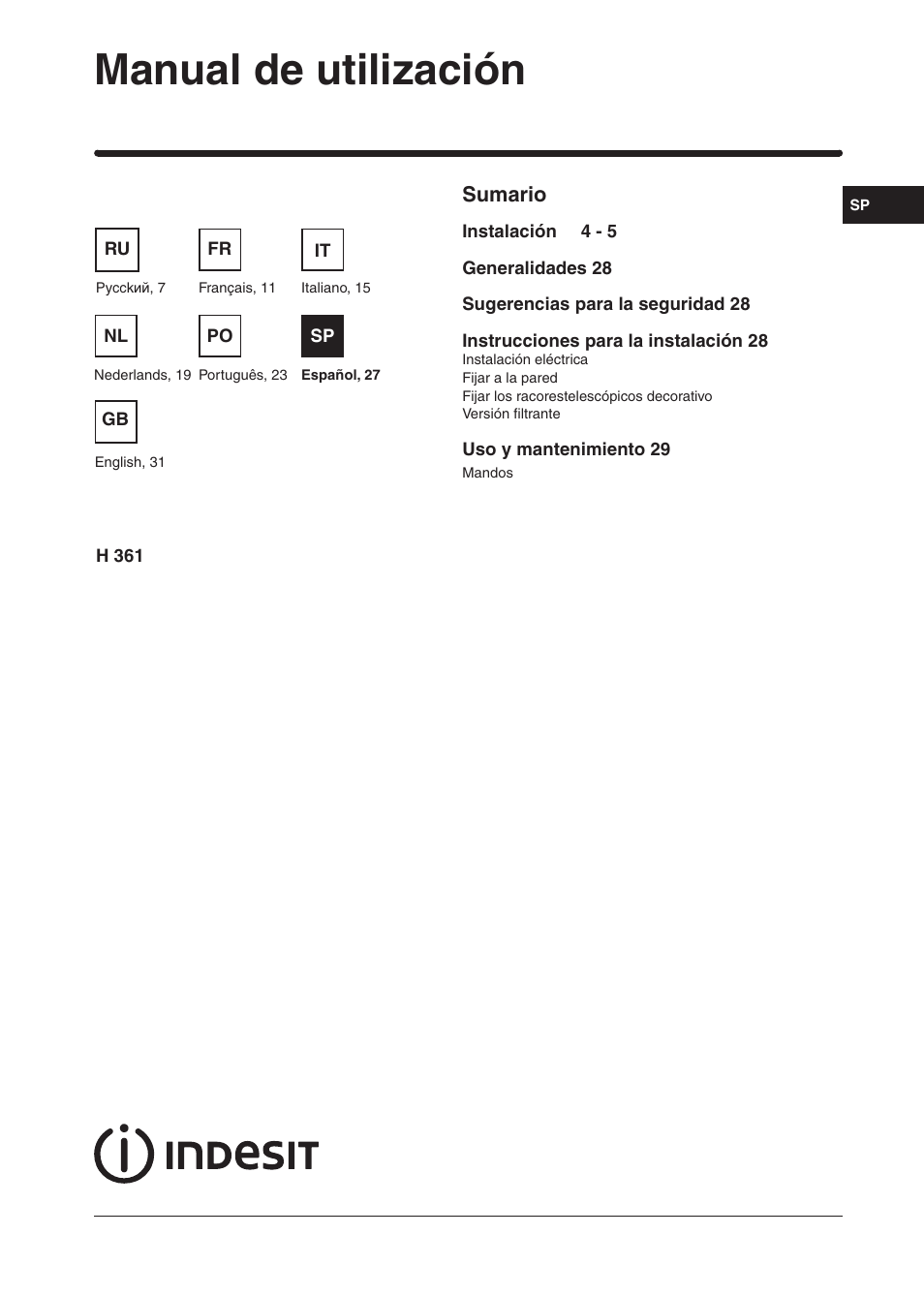 Manual de utilización | Indesit H361FIX User Manual | Page 25 / 31