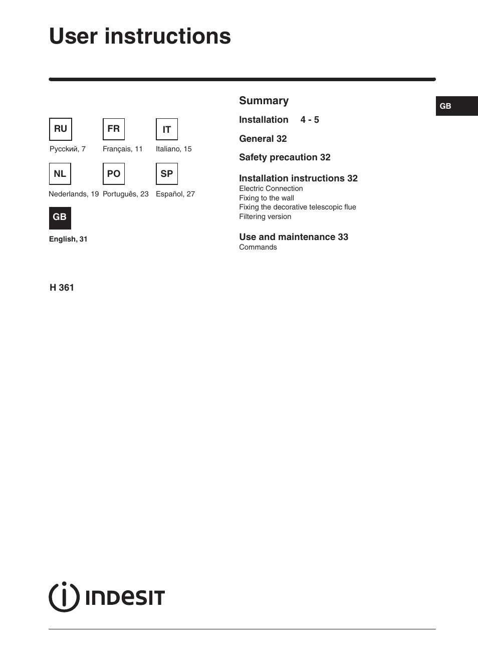 User instructions | Indesit H361FIX User Manual | Page 29 / 31