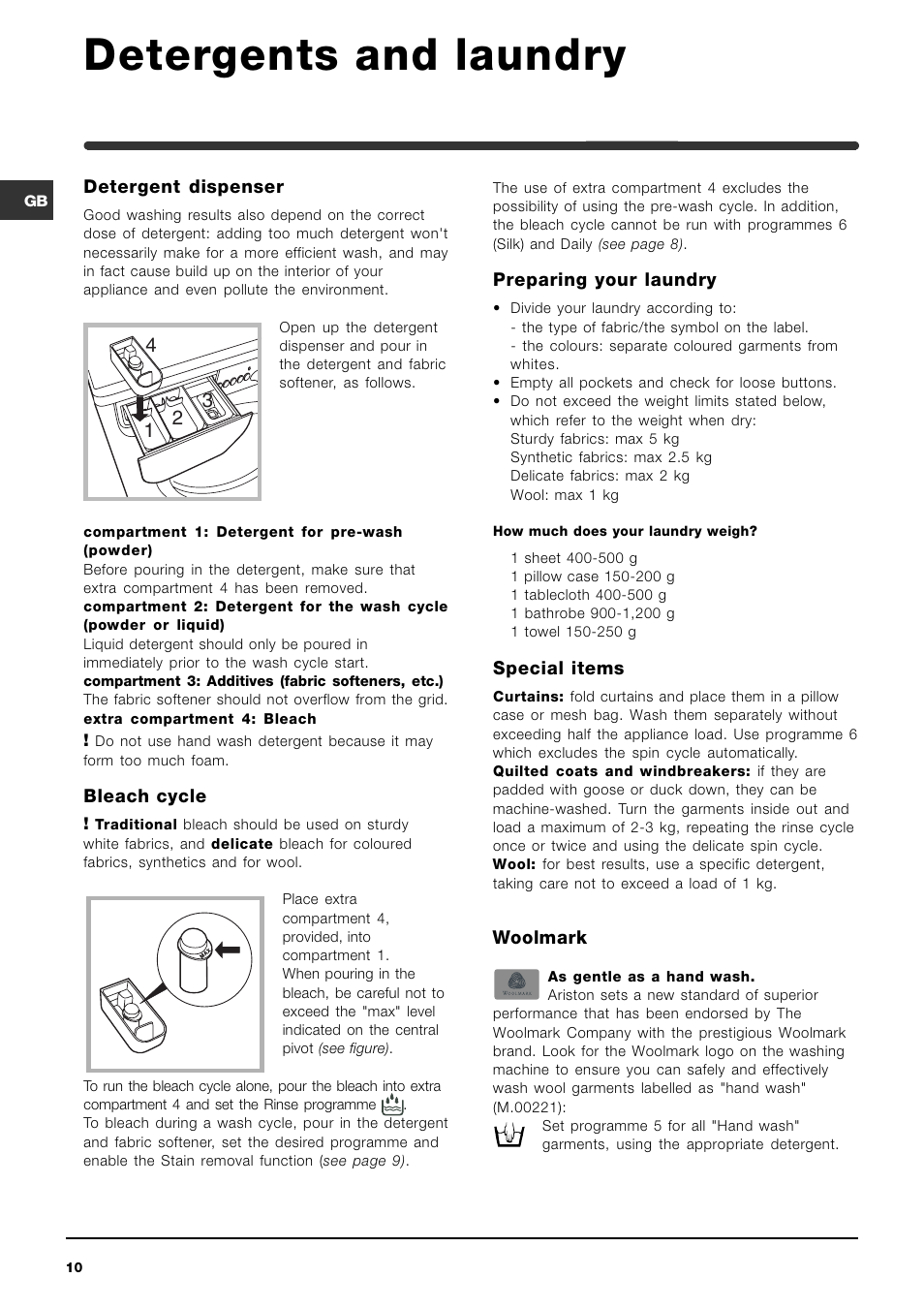 Detergents and laundry | Indesit WIE157S Hot & Cold Fill User Manual | Page 10 / 16