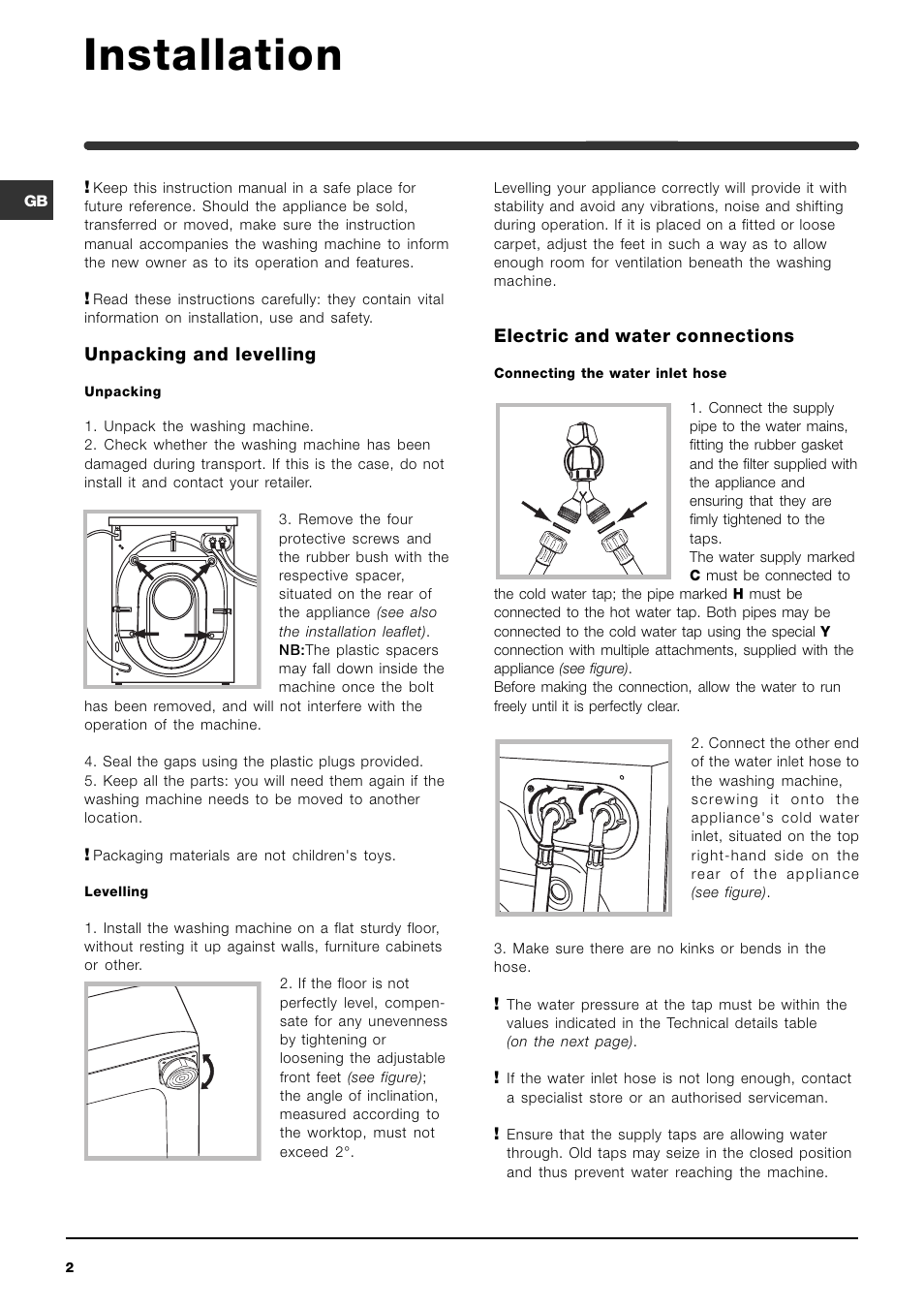 Installation, Unpacking and levelling, Electric and water connections | Indesit WIE157S Hot & Cold Fill User Manual | Page 2 / 16