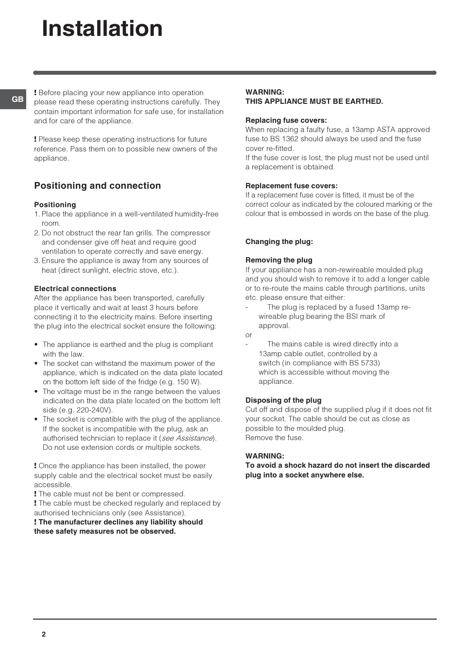 Installation, Positioning and connection | Indesit INTSZ1612UK User Manual | Page 2 / 16