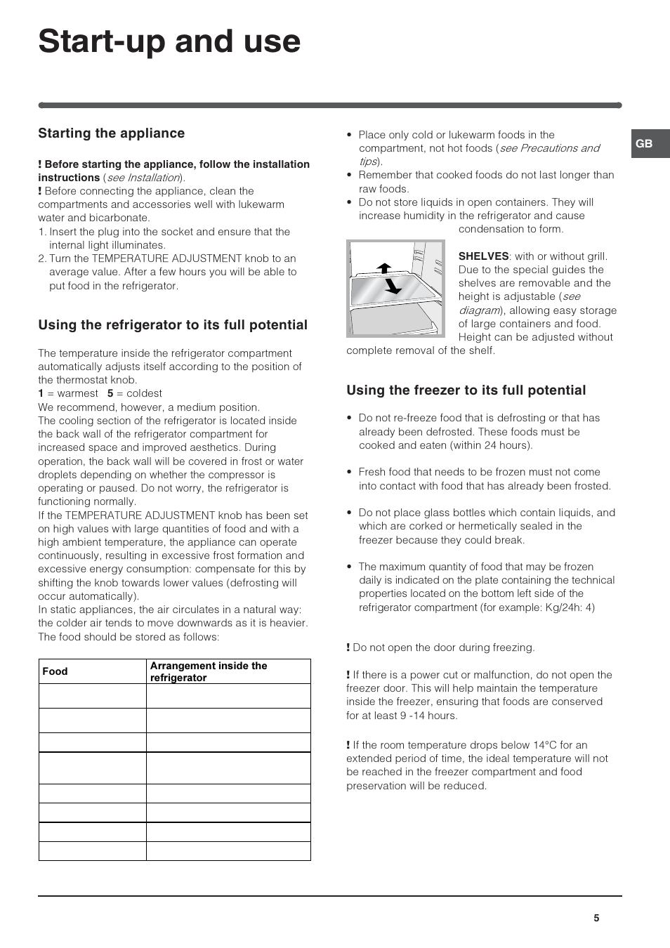 Start-up and use, Starting the appliance, Using the refrigerator to its full potential | Using the freezer to its full potential | Indesit INTSZ1612UK User Manual | Page 5 / 16