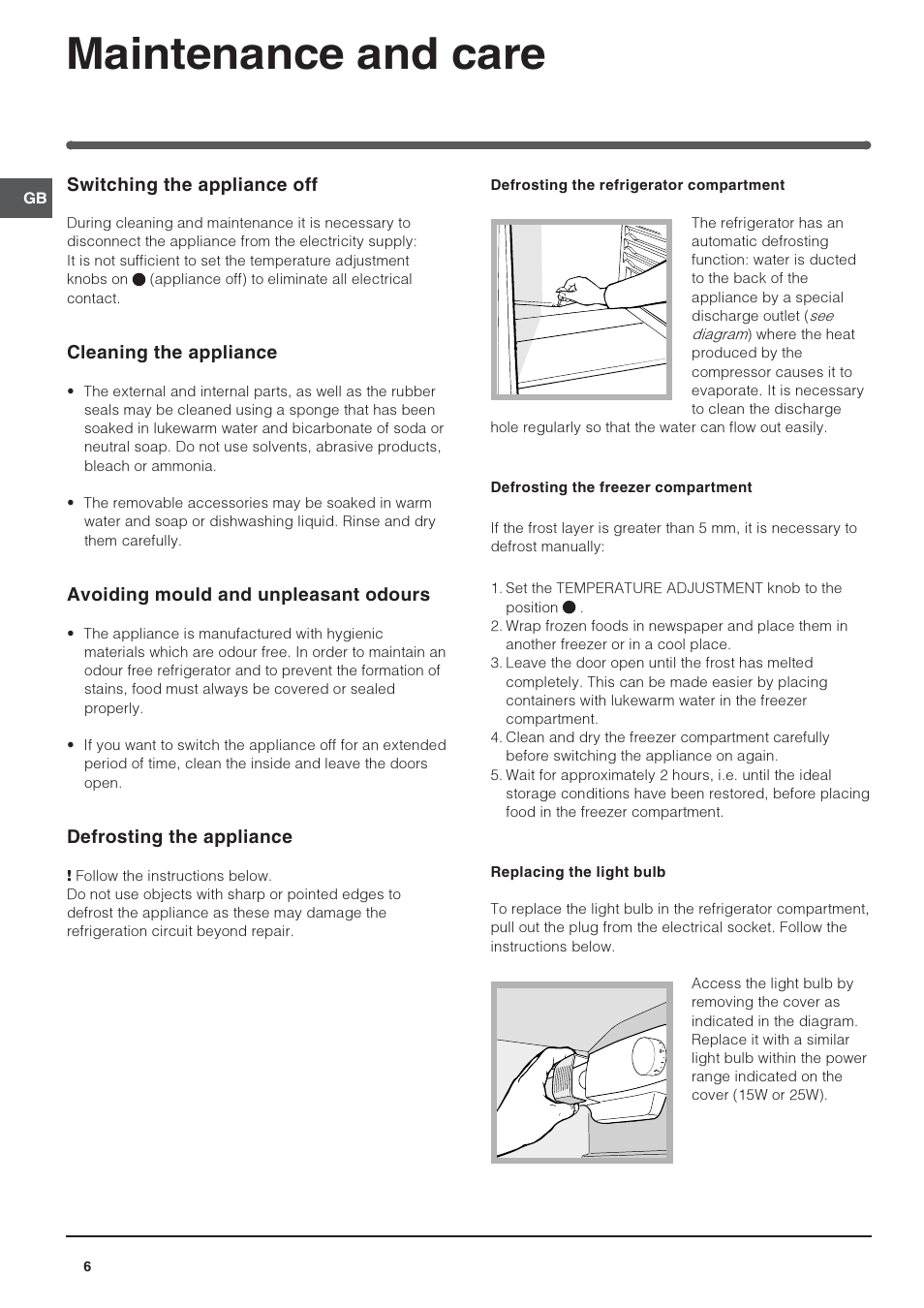 Maintenance and care | Indesit INTSZ1612UK User Manual | Page 6 / 16