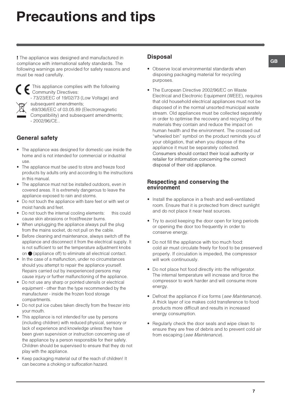 Precautions and tips, General safety, Disposal | Respecting and conserving the environment | Indesit INTSZ1612UK User Manual | Page 7 / 16