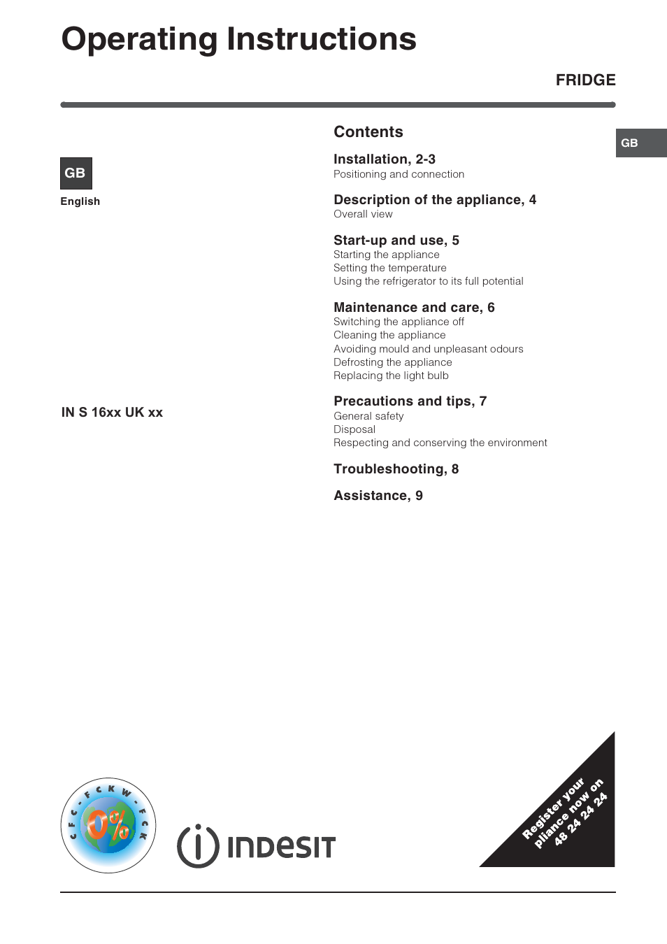 Indesit INS1611UK User Manual | 12 pages