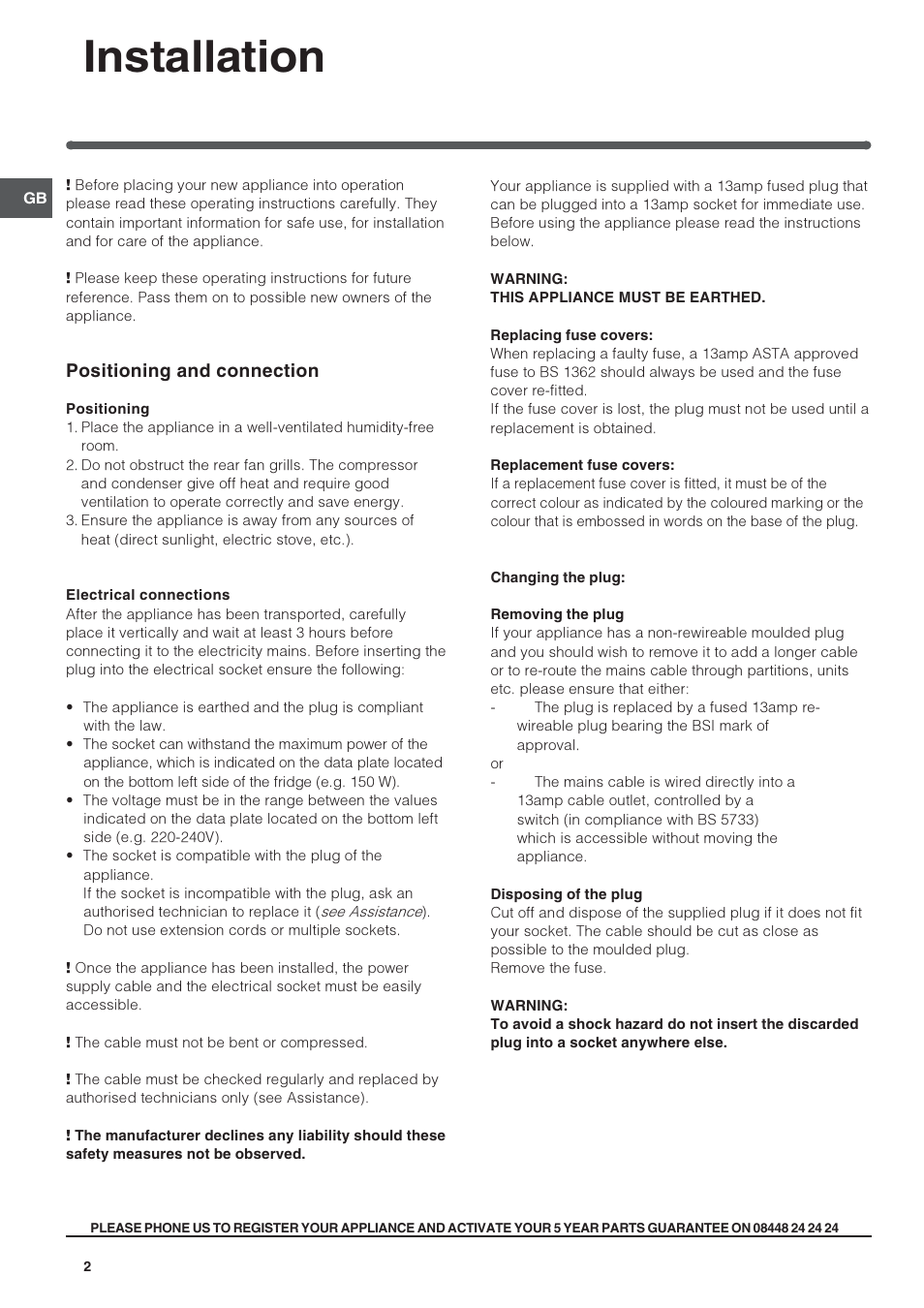 Installation, Positioning and connection | Indesit INS1611UK User Manual | Page 2 / 12