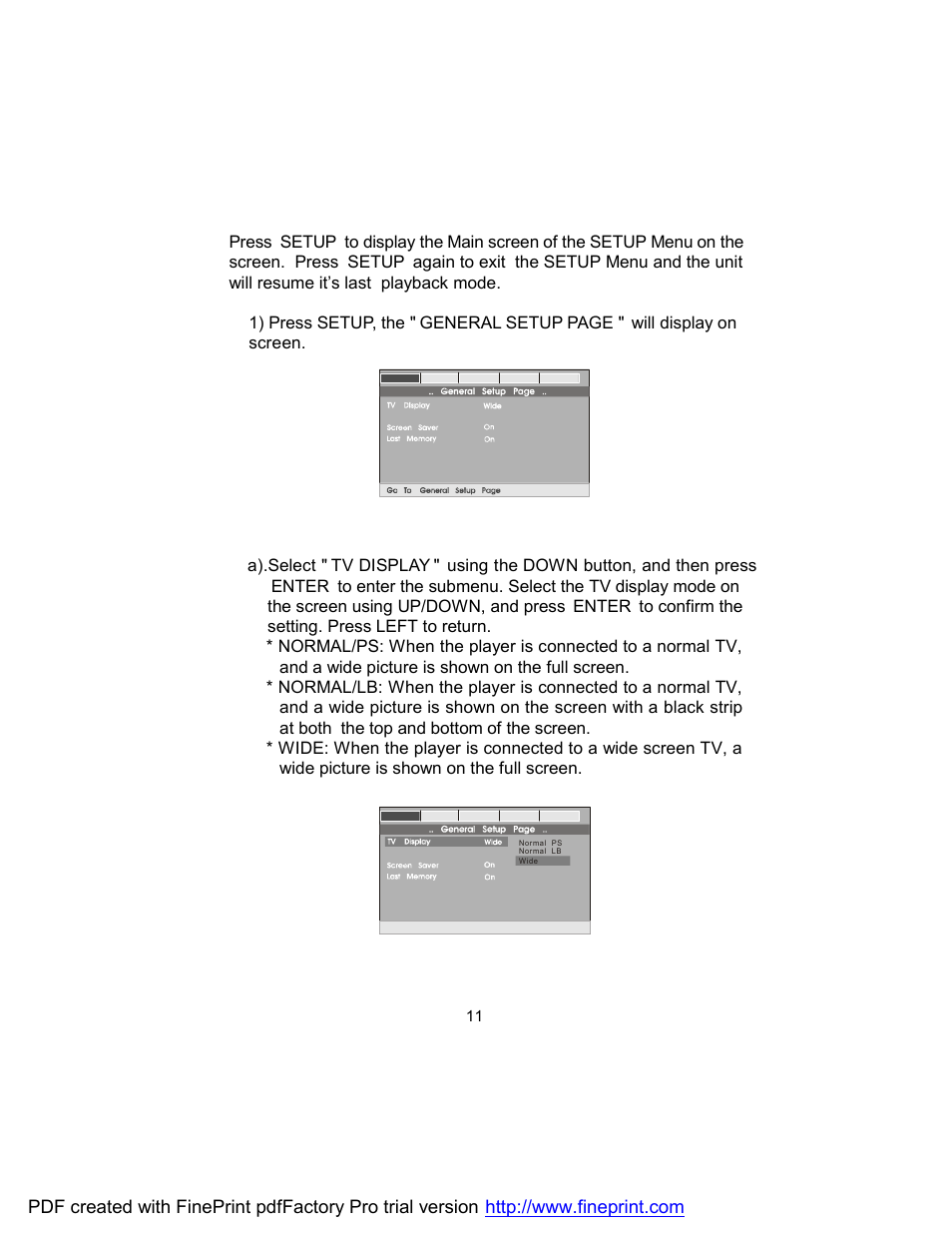 Tv display screen display main setup menu screen | Audiovox D1788ES User Manual | Page 11 / 34