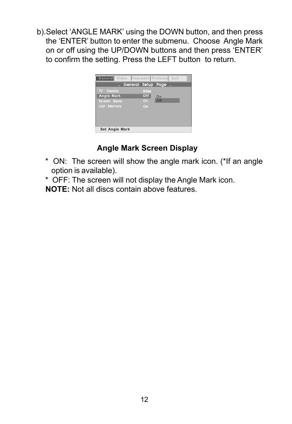 Angle mark screen display | Audiovox D1788ES User Manual | Page 12 / 34