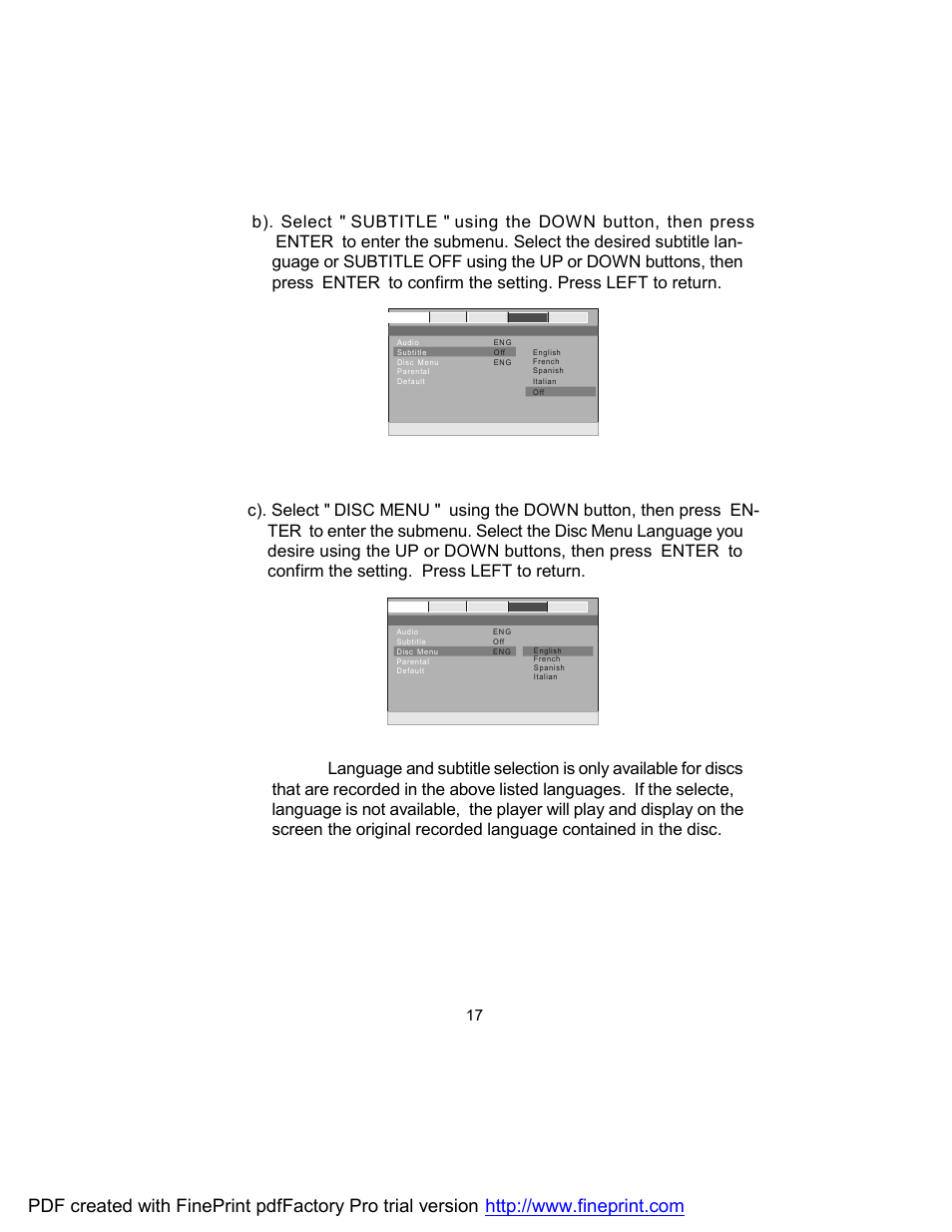 Preference subtitle language | Audiovox D1788ES User Manual | Page 17 / 34