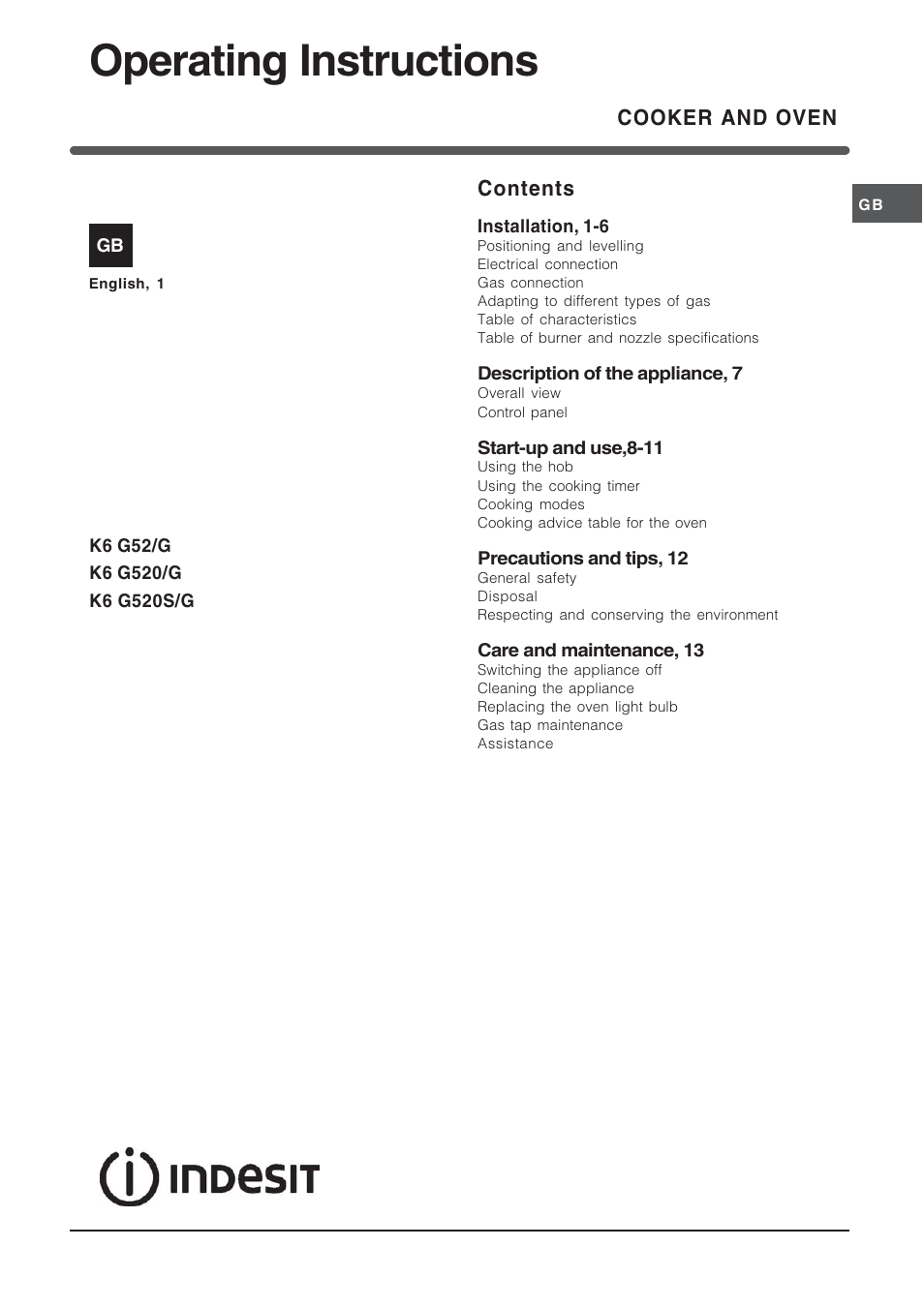 Indesit K6G520-G User Manual | 16 pages