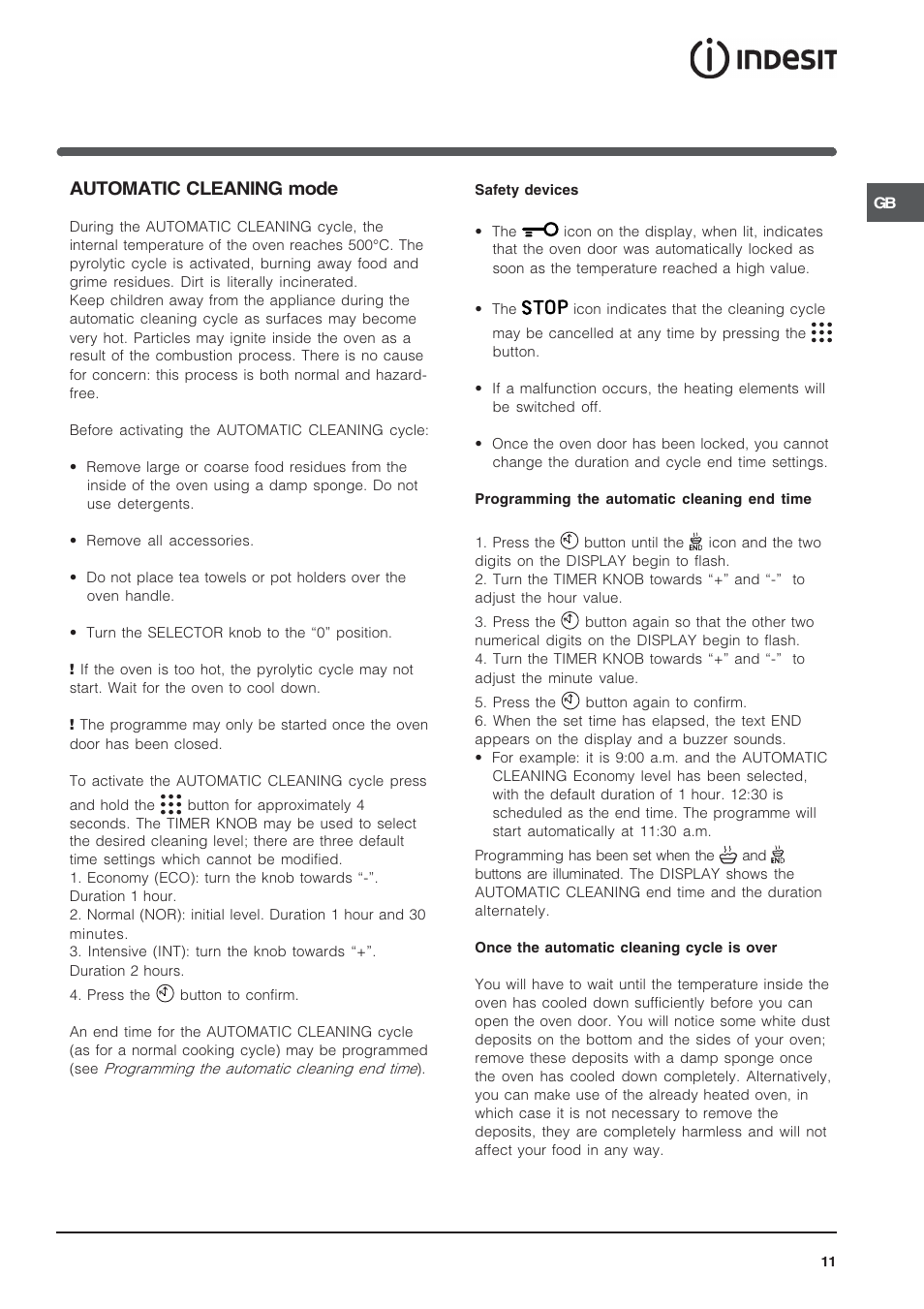 Automatic cleaning mode | Indesit IF89KGP-AIXUK – models produced to 6 Dec 09 User Manual | Page 11 / 12