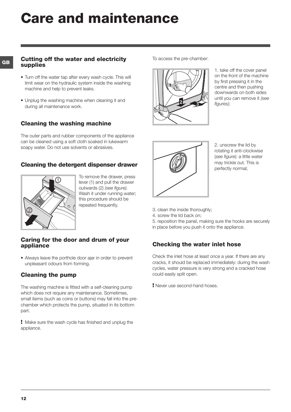 Care and maintenance | Indesit PWE91472W User Manual | Page 12 / 16