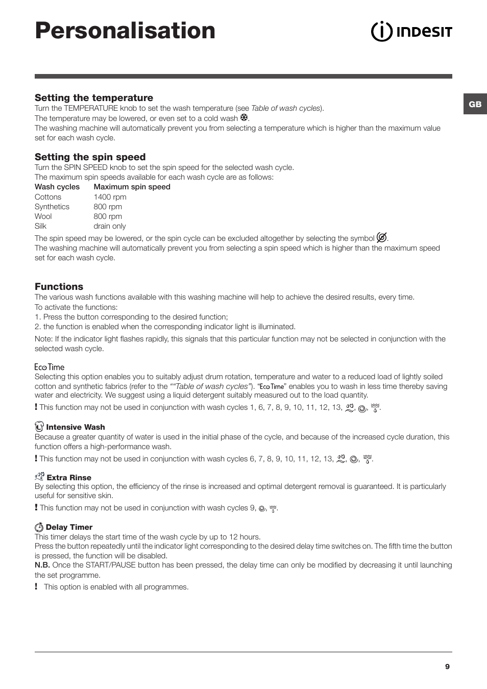 Personalisation | Indesit IWC8148UKE User Manual | Page 9 / 16