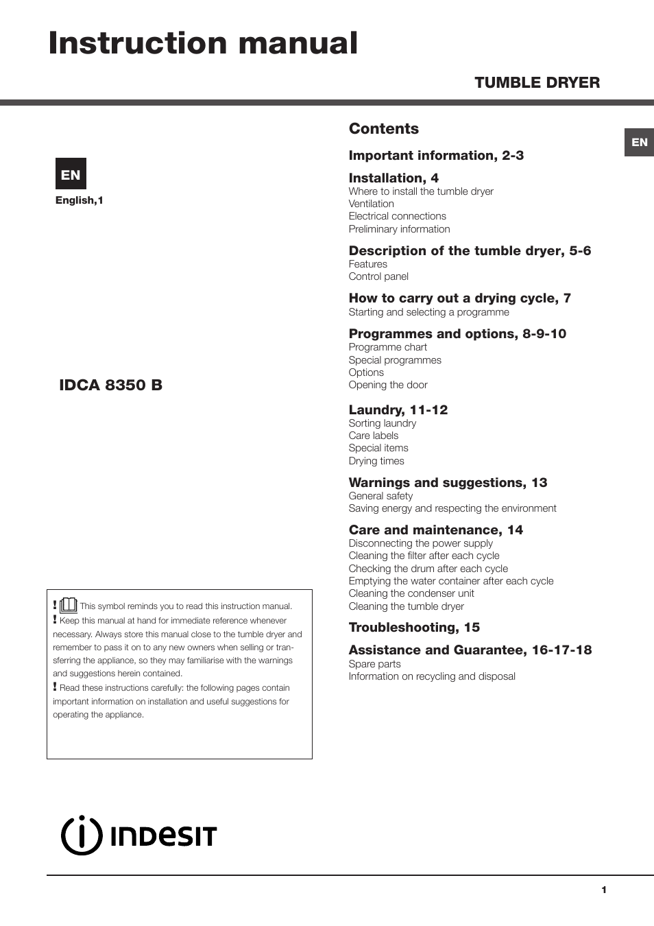 Indesit IDCA8350BECOUK User Manual | 20 pages
