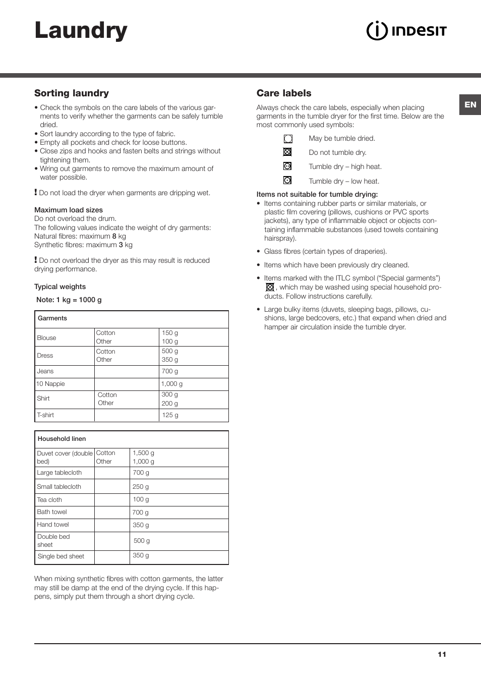 Laundry, Sorting laundry, Care labels | Indesit IDCA8350BECOUK User Manual | Page 11 / 20