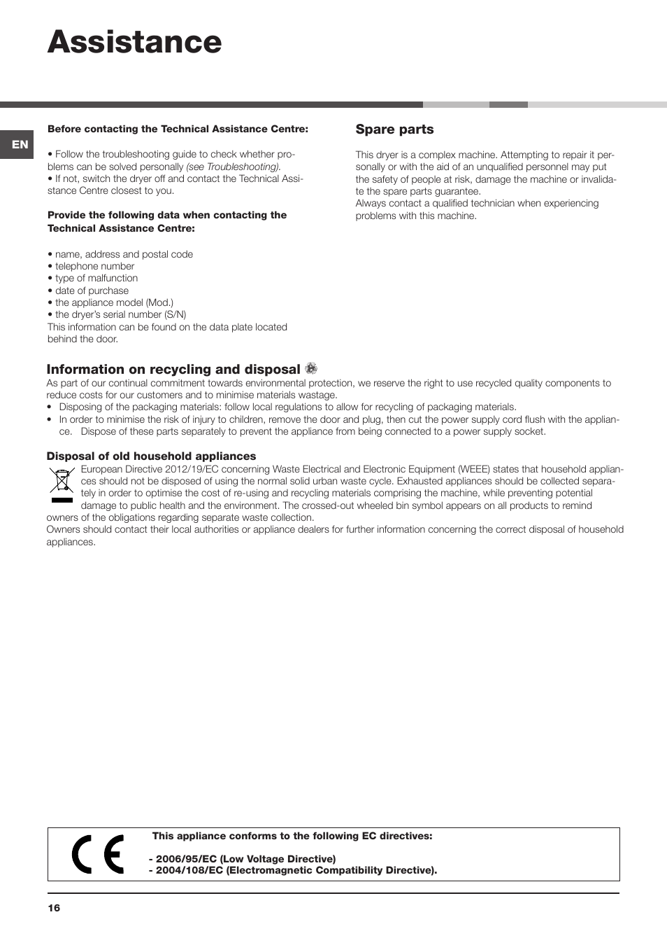Assistance | Indesit IDCA8350BECOUK User Manual | Page 16 / 20