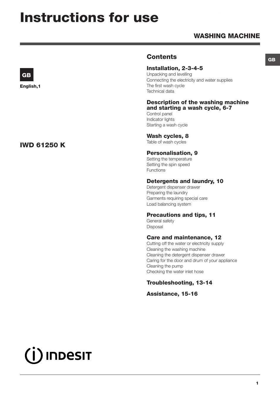 Indesit IWD61250KUK User Manual | 16 pages