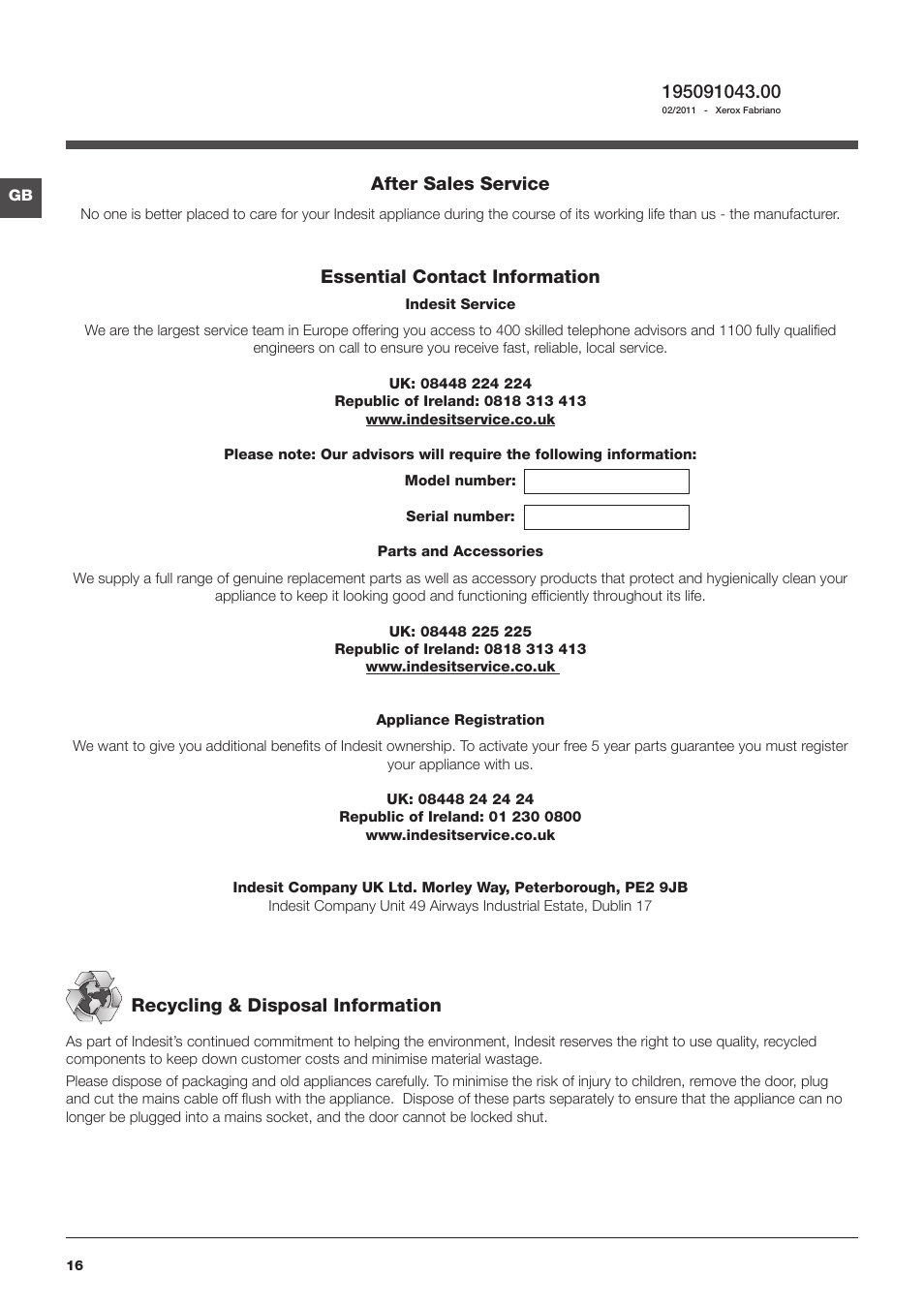 After sales service, Essential contact information, Recycling & disposal information | Indesit IWD61250KUK User Manual | Page 16 / 16
