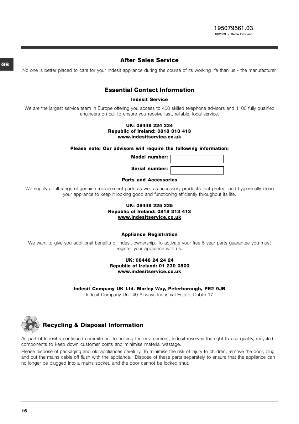 After sales service, Essential contact information, Recycling & disposal information | Indesit PWDC7143W User Manual | Page 16 / 16
