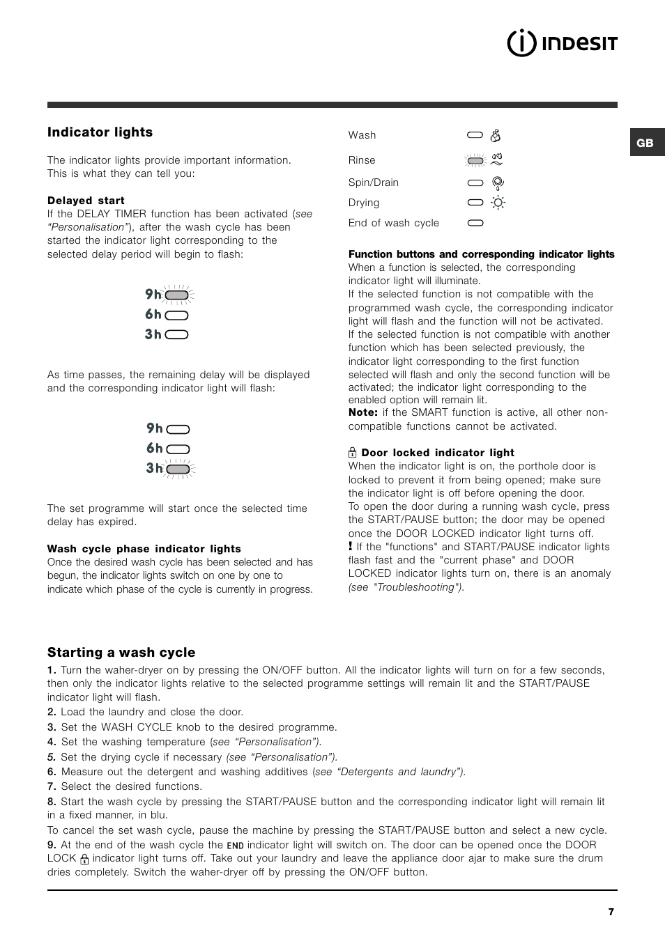 Indicator lights, Starting a wash cycle | Indesit PWDC7143W User Manual | Page 7 / 16