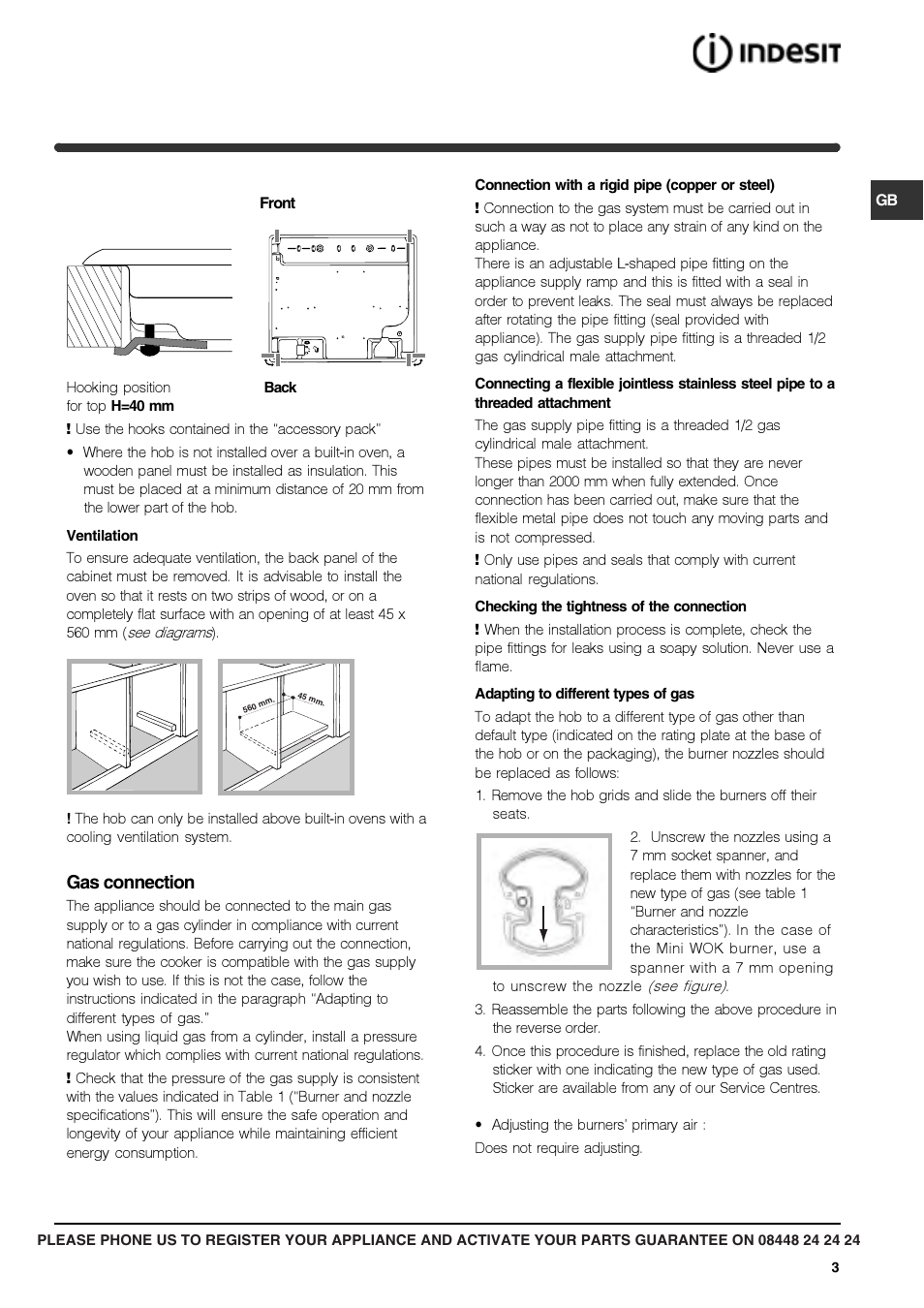 Gas connection | Indesit IPG751SBKGB User Manual | Page 3 / 16