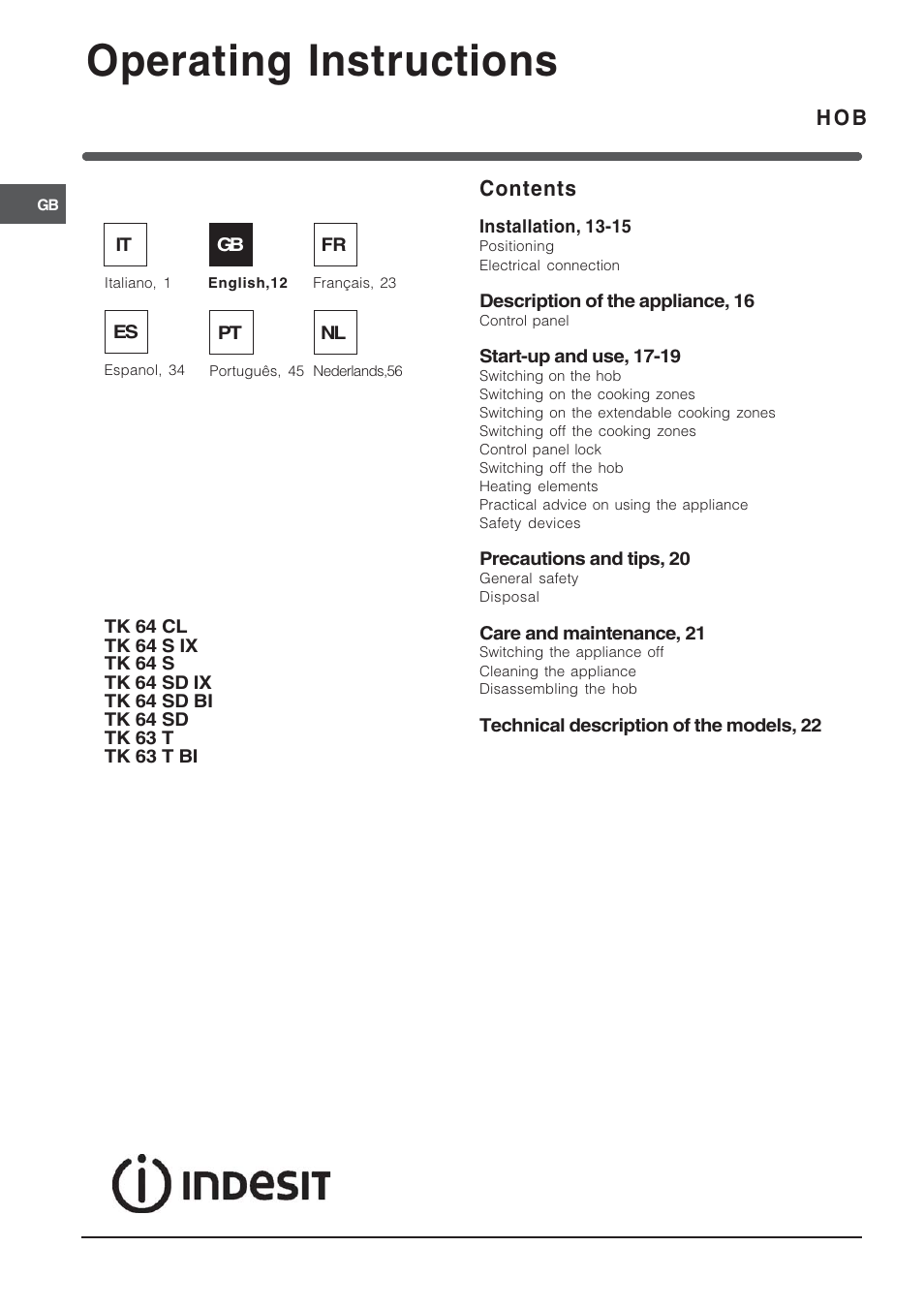 Operating instructions, Hob contents | Indesit TK64SIX User Manual | Page 12 / 68