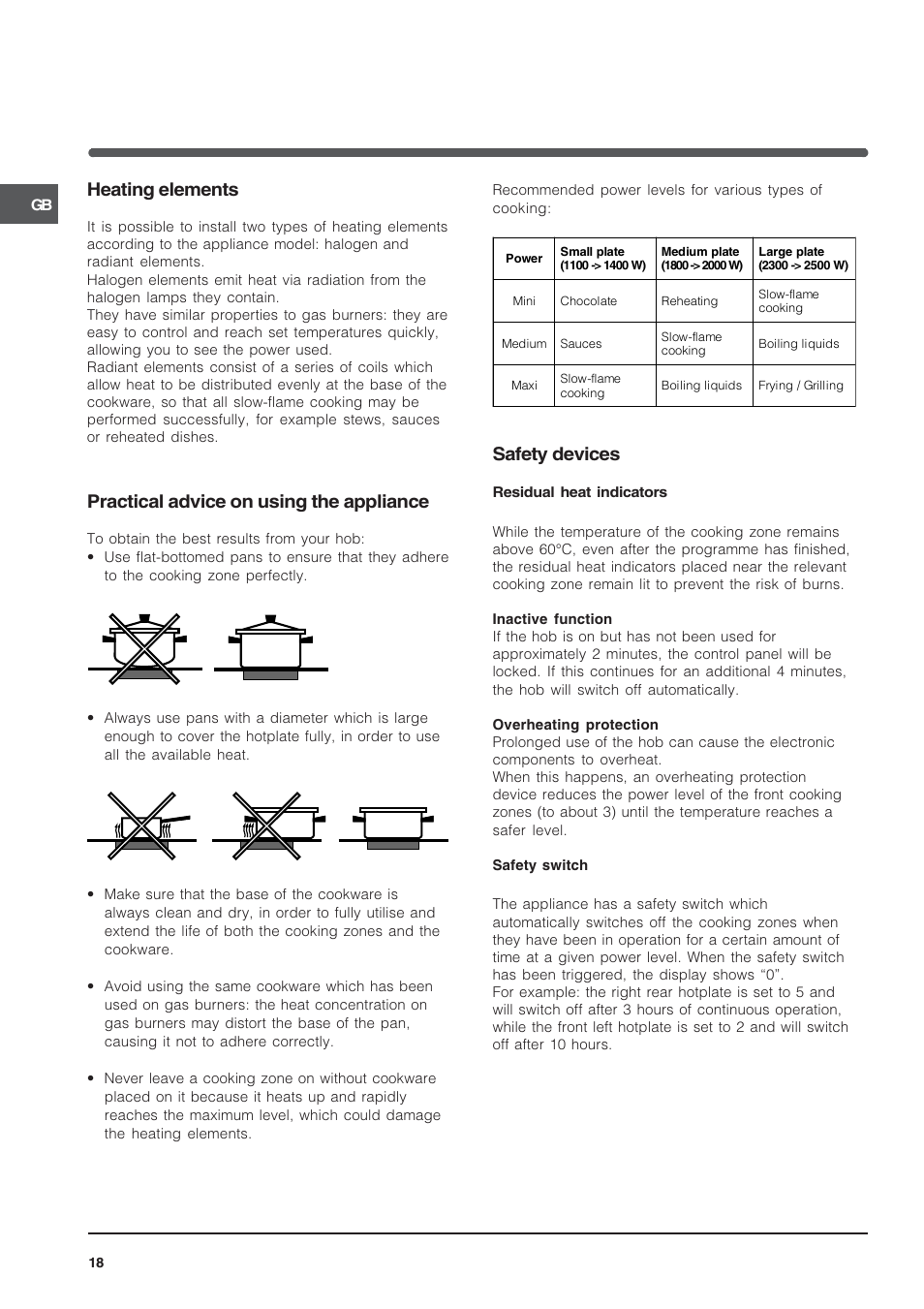 Heating elements, Practical advice on using the appliance, Safety devices | Indesit TK64SIX User Manual | Page 18 / 68