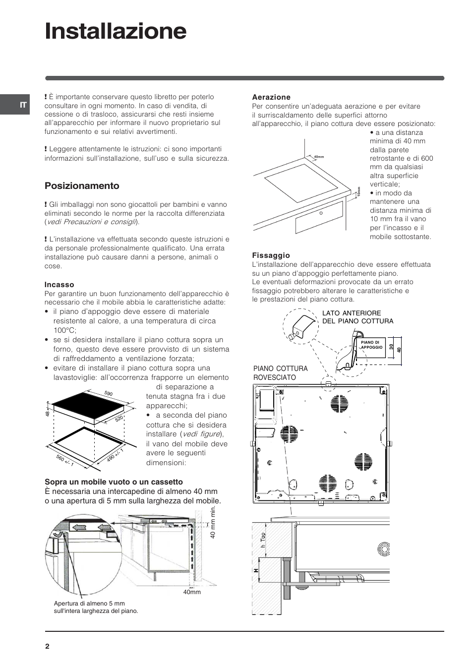 Installazione, Posizionamento | Indesit TK64SIX User Manual | Page 2 / 68