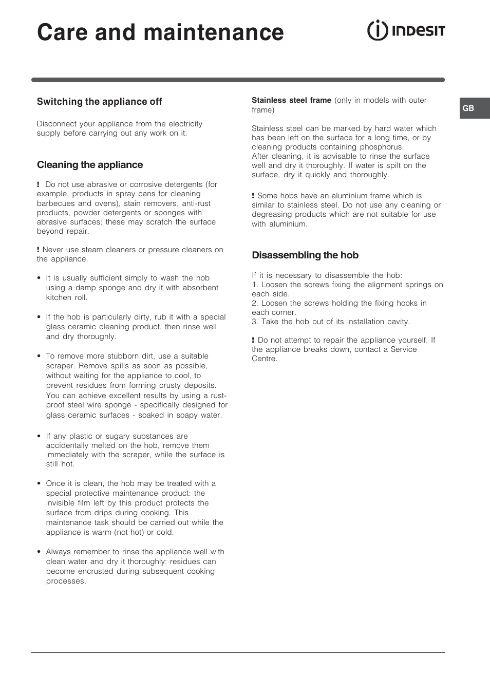 Care and maintenance | Indesit TK64SIX User Manual | Page 21 / 68